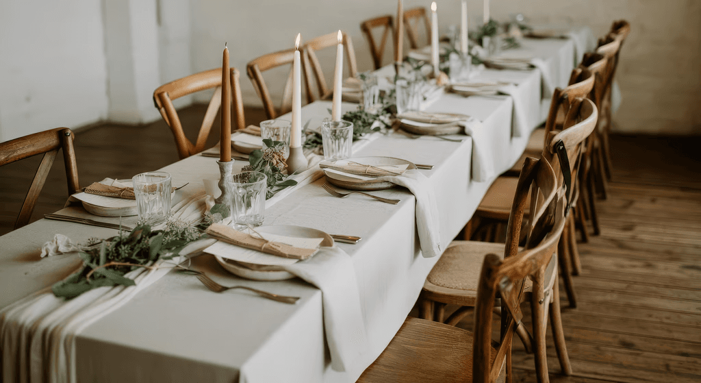 Dining table with white tablecloth and greenery