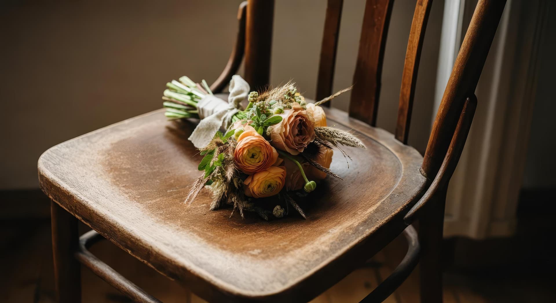 Wedding flowers resting on chair